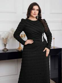 Modelyn Plus Size Women Solid Color Round Neck Puff Sleeve Ruffle Hem Elegant Dress For Autumn Long Evening Dresses - Black - View 3