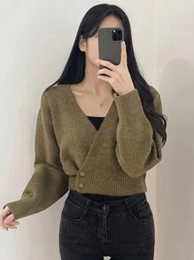 DAZY Women's Solid Color Overlapping V-Neck Long Sleeve Sweater, Autumn/Winter - Army Green - View 6