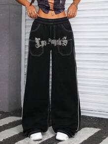 SHEIN ICON Jeans anchos de pierna ancha casuales con estampado de letras en el bolsillo, estilo Y2K streetwear para mujer