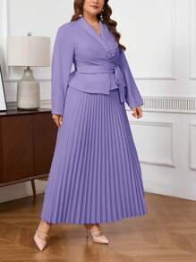 SHEIN Privé 加大码杏色褶皱西装外套领子正式不对称系带腰部 2 件套：长衬衫和中长褶皱裙 - 淡紫色 - 查看 5