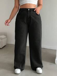 EURMUSE 100%Cotton HIGH RISE STRAIGHT CUT PLUS SZIE WOMEN JEAN - Black - View 5