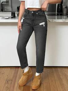 EURMUSE Jeans casuales y versátiles de cintura alta, rasgados y de unicolor con bolsillos para mujeres - Gris Oscuro - Ver 6