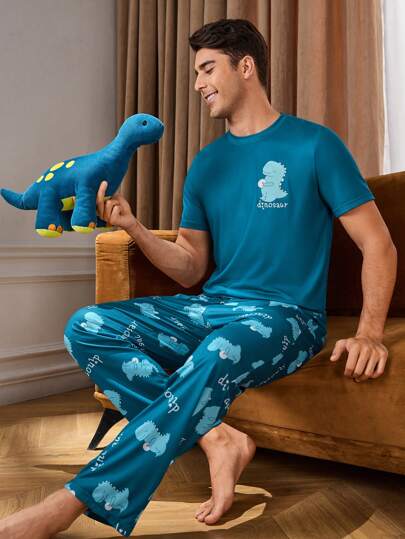Conjunto de pijama para hombres con Top de manga corta y pantalones con estampado de dinosaurios de dibujos animados