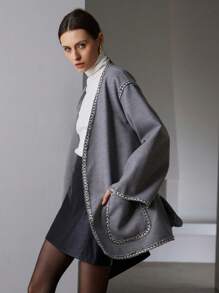 SHEIN Privé Vintage Coin Design V-Neck Pocket Belt Waistband Loose Regular Fit Women Coat, Elegant Style  Fall Cloth For Women - Grey - View 1