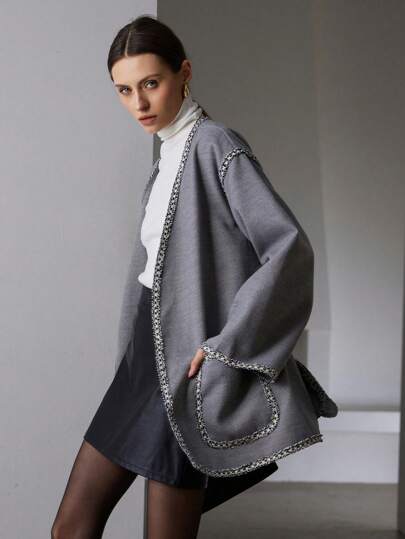 SHEIN Privé Vintage Coin Design V-Neck Pocket Belt Waistband Loose Regular Fit Women Coat, Elegant Style  Fall Cloth For Women