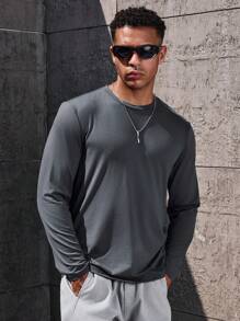 Manfinity Homme 男式纯色超大落肩长袖T恤，秋季 - 灰色 - 查看 7