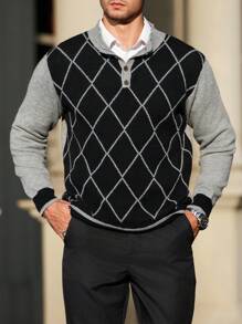 Manfinity Homme Men's Color Block Argyle Pattern Knitted Long Sleeve Graphic Colorful Collared Sweater, Casual Autumn/Winter, For Friends, Work