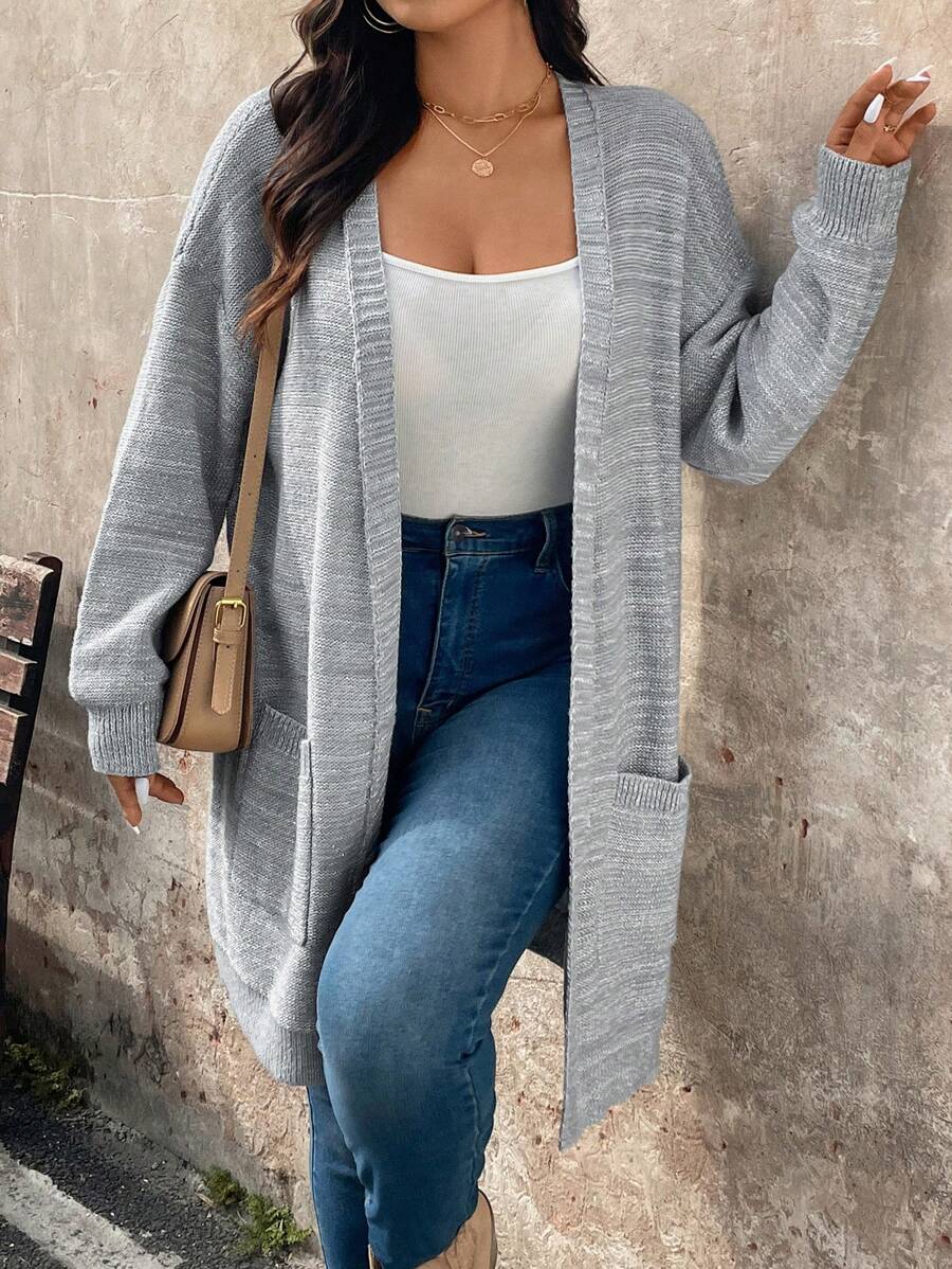 EMERY ROSE 大码女式休闲开衫，带口袋 - 灰色 - 查看 1