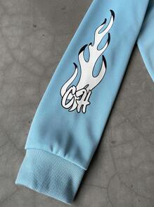 Manfinity Roghcode Bộ quần nỉ và áo hoodie có dây rút họa tiết chữ và nhện cho nam, trang phục thường ngày mùa thu - Màu xanh lam - Xem 5