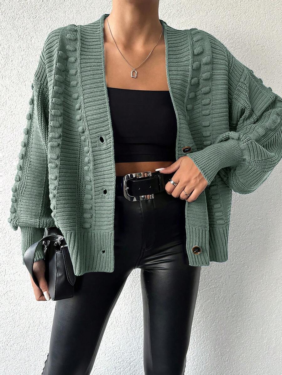 SHEIN 1 件女式休闲纯色宽松前扣开衫,秋冬 - 薄荷綠 - 查看 1