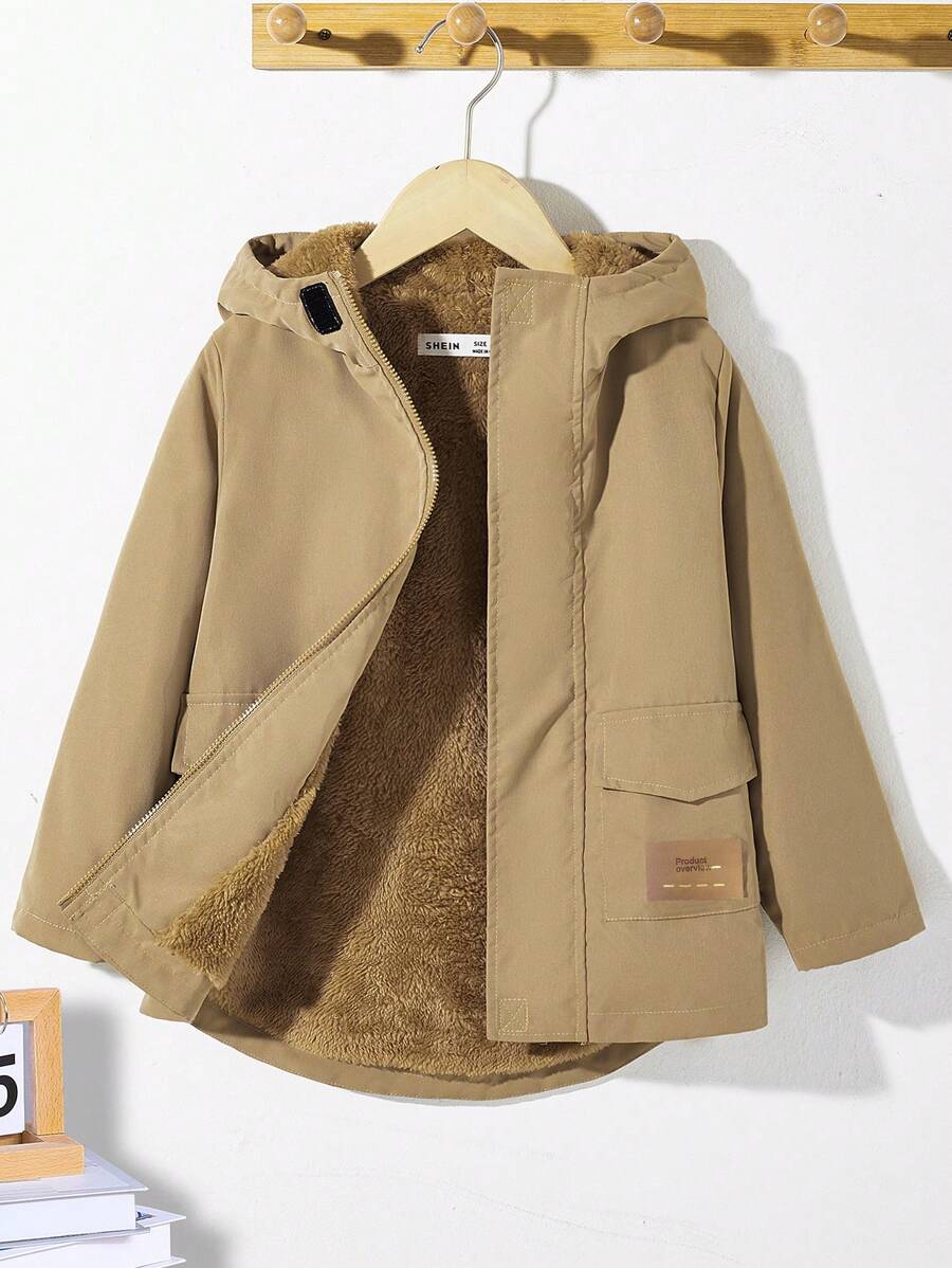 SHEIN Casual Long Loose Woven Young Boy Jacket,In Fall/Winter - Khaki - View 1