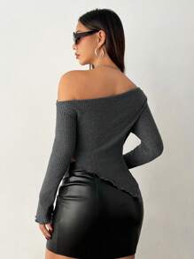 SHEIN PETITE Women's Two-Piece Brushed Knitted Off-The-Shoulder Asymmetric Hem T-Shirt Set, Black + Gray, Suitable For Autumn And Winter