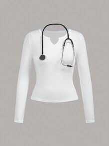 TaskEZ Plain Notched Neck Long Sleeve Scrub Uniform Top - Multicolor - View 7