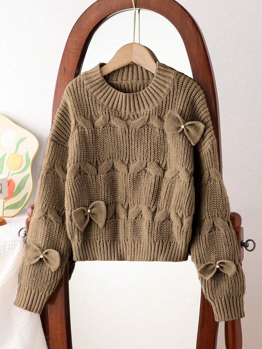 SHEIN 少女可愛蝴蝶結裝飾 3D 綴飾套頭毛衣 秋季款 - 棕色 - 查看 1