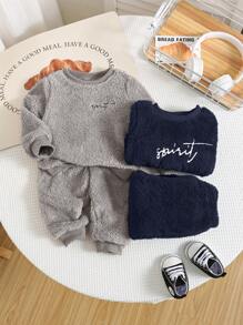 SHEIN 4pcs/Set Baby Boy Solid Color Fluffy Warm Long Sleeve Sweatshirt And Pants Set, Casual Home/Outdoor Outfits For Autumn/Winter