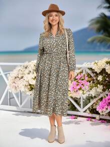 SHEIN LUNE Vestido casual de manga larga con estampado floral de margaritas talla grande, vestido midi para fiestas y vacaciones