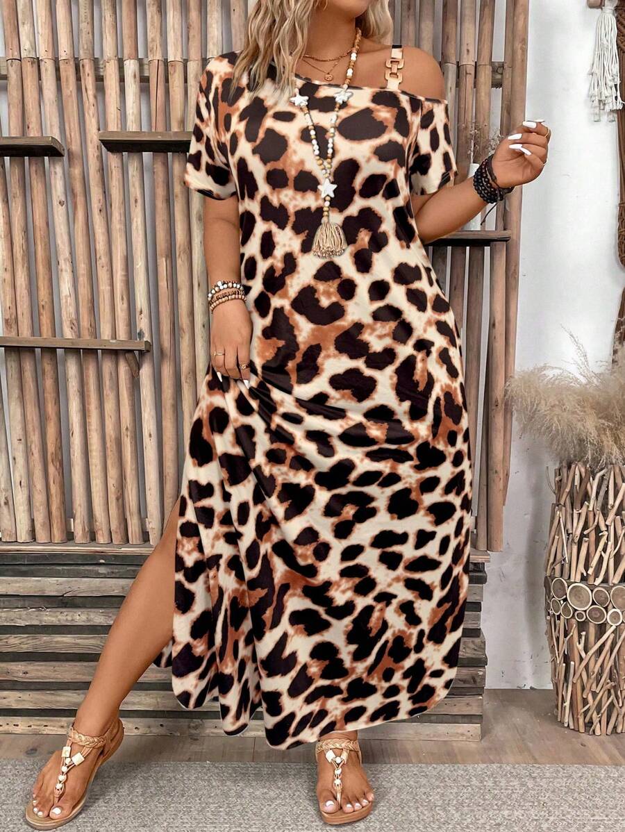 Plus Size Leopard Print Asymmetric Neckline With Round Ring Decor Elegant Bodycon Mini Dress Maxi Women Outfit - Multicolor - View 1