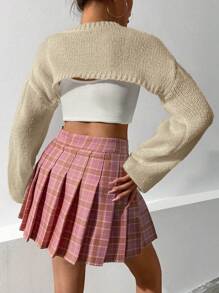 SHEIN Qutie 短款圆领纯色休闲套头衫长袖针织毛衣秋冬款 - 米色 - 查看 2