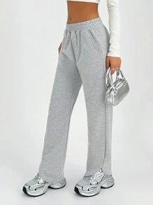 EURMUSE Women Casual Solid Color Elastic Waist Sweatpants - Grey - View 5