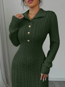 Chiquease Women Long Sleeve Solid Color Button Half Placket Maxi Elegant Sweater Dress, Autumn/Winter - Army Green - View 6