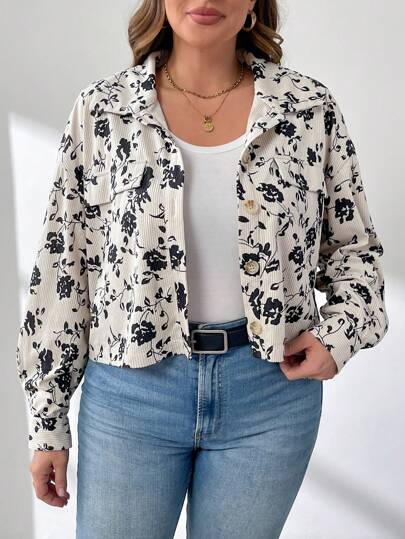 SHEIN LUNE 大码女式休闲碎花灯芯绒短款夹克感恩节女式新年冬装女式热卖，适合冬季