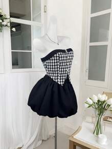Sweetra 2pcs Women Sweet Elegant Fashion Midriff-Baring Short Top & Patchwork Flared Hem Black & White Mini Skirt Set, For Spring/Autumn Y2K Outfit 