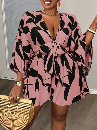 Slaydiva 大码女式假日休闲 V 领宽松印花连体裤（配系带腰带）