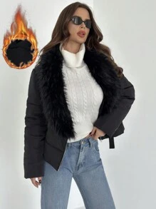 SHEIN Privé New Autumn/Winter Warm & Elegant Casual Modern Fashion Fur Collar Belt Black Padded Coat