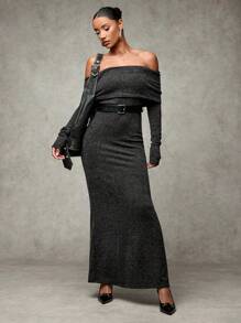 SHEIN BAE Women's Solid Color Off-Shoulder Elegant Fashion Long Sleeve Dress