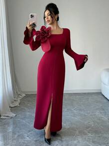Modelyn Tailliertes & elegantes 3D-Blumen-Maxikleid mit Schlitz und Langarm für Frauen, burgunderrotes Maxikleid für Abendveranstaltungen - Bordeaux - Übersicht 5