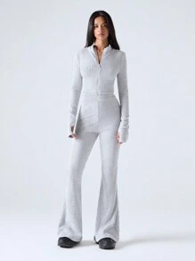 SHEIN EZwear 2 Pcs Casual Outfit For Plus Size Women, Solid Color Long Sleeve Zip-Up Jacket And Pants Set, Autumn - Grey - View 1