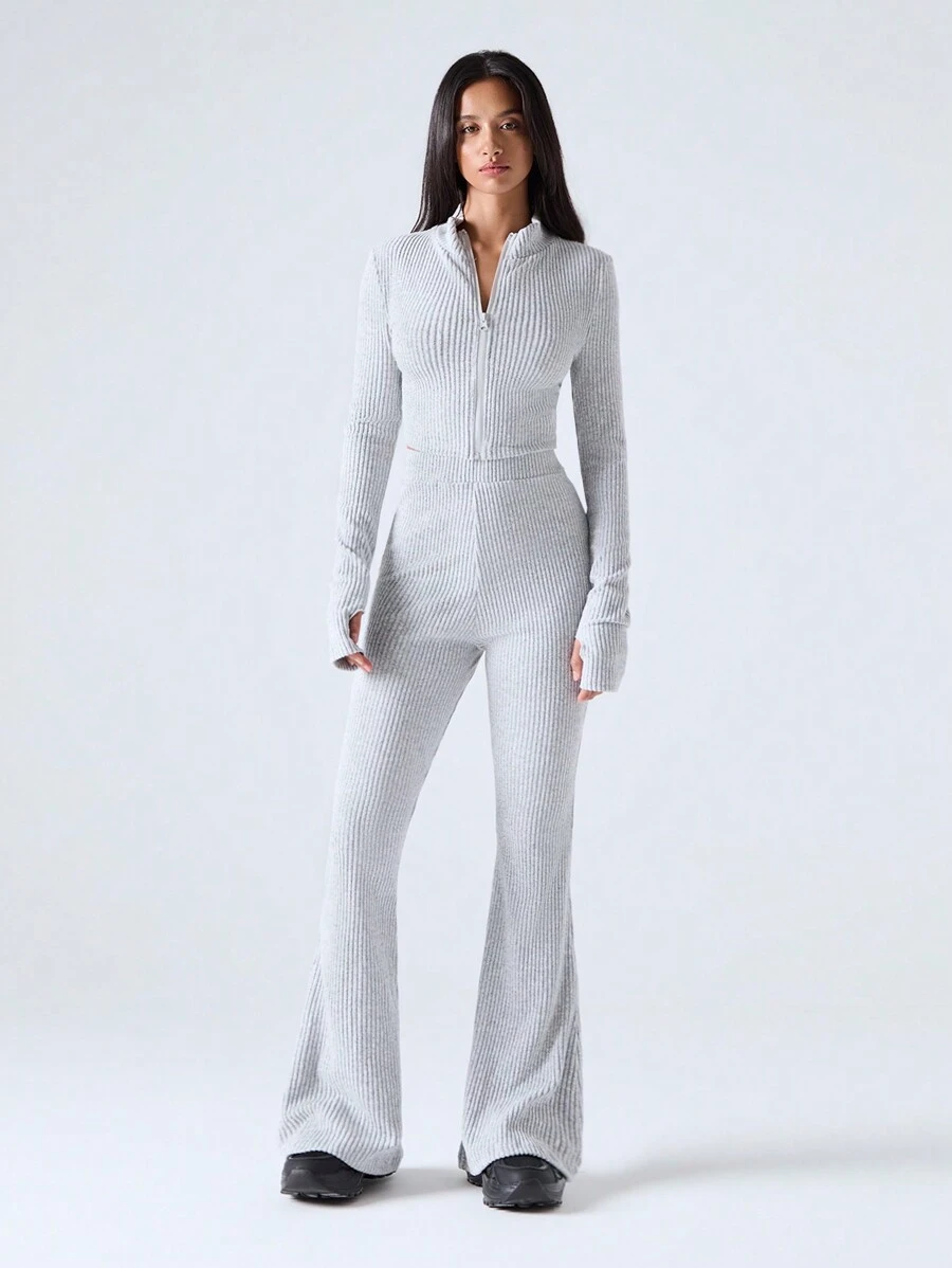 SHEIN EZwear 2 Pcs Casual Outfit For Plus Size Women, Solid Color Long Sleeve Zip-Up Jacket And Pants Set, Autumn - Grey - View 1