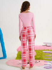 Chillnights Conjunto de pijama casual de mujer con estampado de cuadros