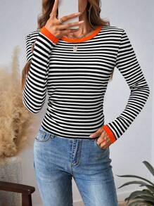 SHEIN LUNE Camiseta de manga larga con cuello redondo, estilo casual a rayas y color contrastante, atuendo básico de otoño/invierno para mujer
