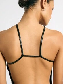 AiiRZ 仿皮吊带毛边下摆迷你连衣裙