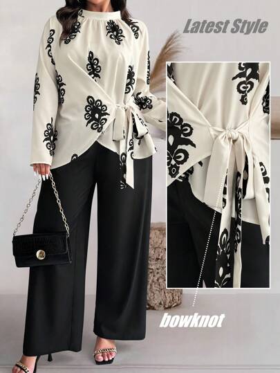 Elenzga Plus Size Women Floral Print Side Knot Long Sleeve Shirt And Wide Leg Pants 2 Pieces Set For Autumn Fall Cloth For Women