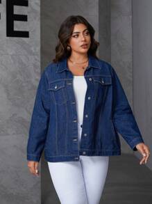 SHEIN Essnce Áo khoác denim dài tay dáng rộng, màu trơn, cài cúc phía trước, có túi, phong cách thường ngày, thích hợp cho dịp Giáng sinh và Lễ Tạ ơn. - Màu xanh lam - Xem 2