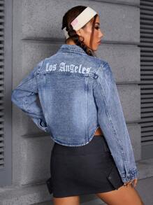 SHEIN ICON 女士纽扣字母印花水洗牛仔衬衫 - 中等水洗藍 - 查看 2