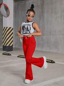 SHEIN SLAYR KIDS Tween Girls Y2K Fashion Retro Style Grey Flap Detail Seam Detail Denim Flare Leg Jeans Pants, Girls Fall Clothes Back To School Outfits