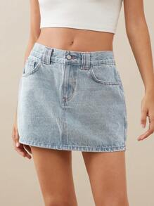 WESTFADE 优质牛仔基本款 91% 纯棉迷你裙 - 淺色水洗藍 - 查看 4