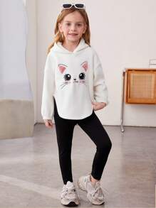 2 piezas - Conjunto de niña joven con sudadera con capucha con gráfico lindo de gato y pantalones acampanados de punto ajustados