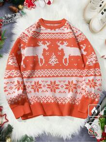 Manfinity EZcore Men's Casual Christmas Reindeer & Geometric Pattern Sweater, Autumn/Winter - Orange - View 1