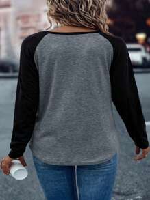 EMERY ROSE Women Plus Size Letter Pattern Color Block Raglan Sleeve Casual T-Shirt, Autumn Graphic Tees Women Tops Fall Cloth For Women - Dark Grey - View 2