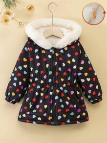 SHEIN Young Girl Winter Warm Thermal Lined Hooded Jacket With Waist Belt, Digital Heart Print, Windproof Outerwear For 4-7 Years Old - Multicolor - View 3