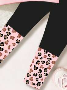 SHEIN 2pcs Casual Set For Young Girls: Heart Leopard Print Thick Crew Neck Long Sleeve Sweatshirt And Leggings, Suitable For Autumn/Winter