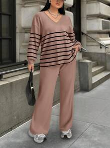 SHEIN LUNE 2pcs/Set Plus Size Women Stripe V-Neck Drop Shoulder Long Sleeve Top And Pants Casual Suit, Autumn - Khaki - View 3