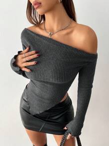 SHEIN PETITE Women's Two-Piece Brushed Knitted Off-The-Shoulder Asymmetric Hem T-Shirt Set, Black + Gray, Suitable For Autumn And Winter