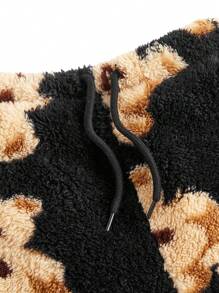 SHEIN Leap Crew Tween 女童黑色保暖内衬泰迪熊印花针织直筒阔腿裤，适合秋冬季、度假