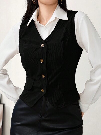 Modelyn Women's Solid Color Single Breasted V-Neck Casual Vest, Suitable For Autumn