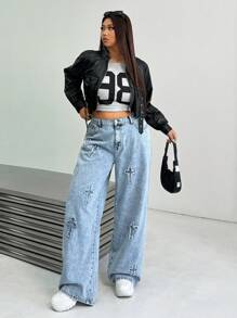 SHEIN EZwear Jeans en denim bleu à jambe droite ample et décontractée grande taille